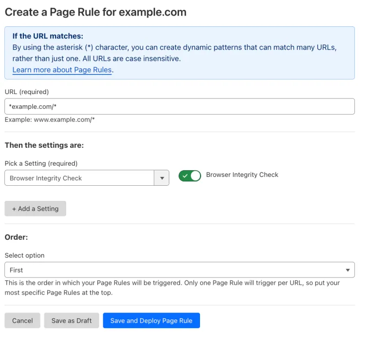 Example Page Rule with 'Browser Integrity Check' setting