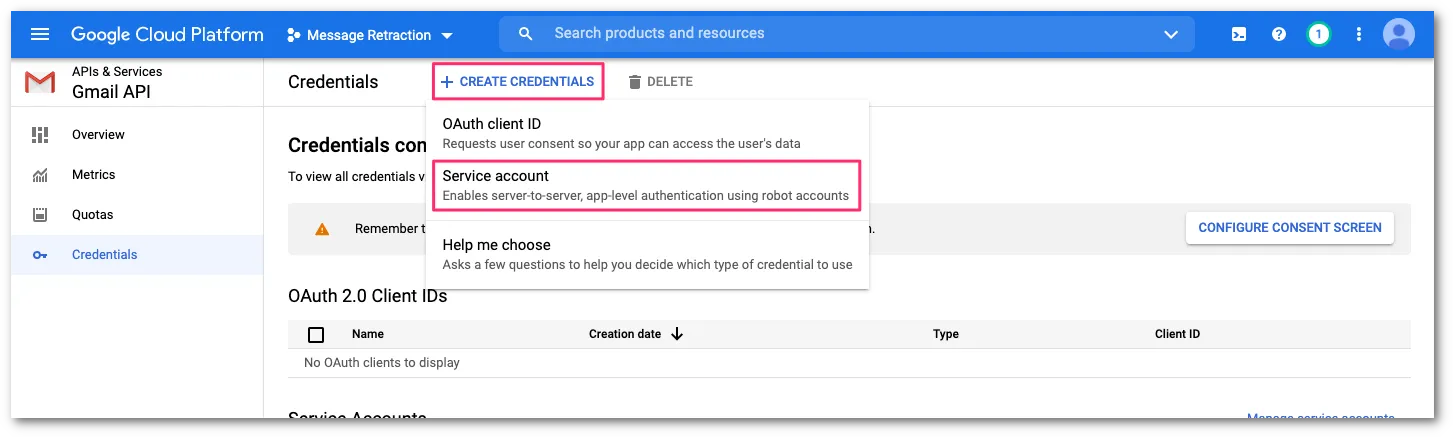 Select Create credentials followed by Service account